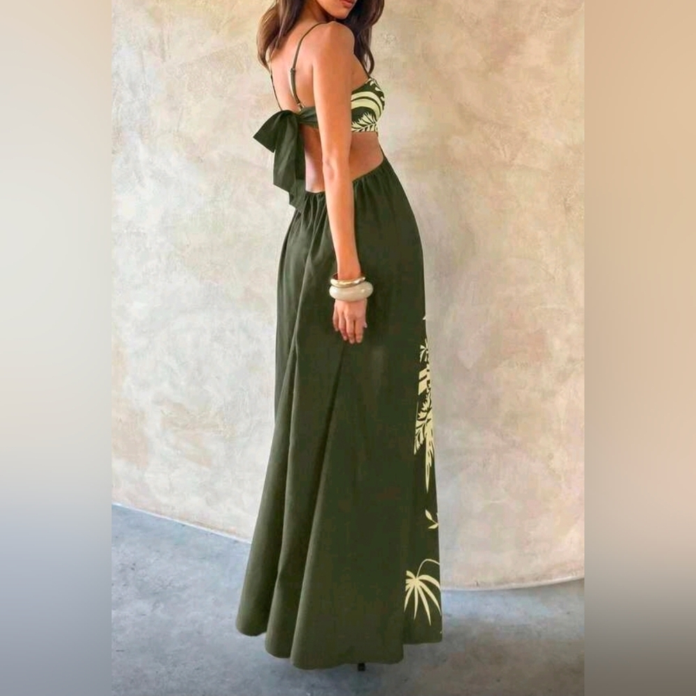 New Chic Tropical Cut Out Tie Back Maxi Dress Green